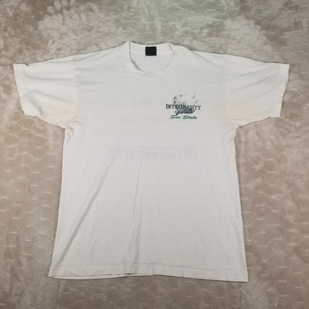 VTG Sac State InterVarsity Religious Shirt THRASHED WORN Sz Lg Screen‎ Stars